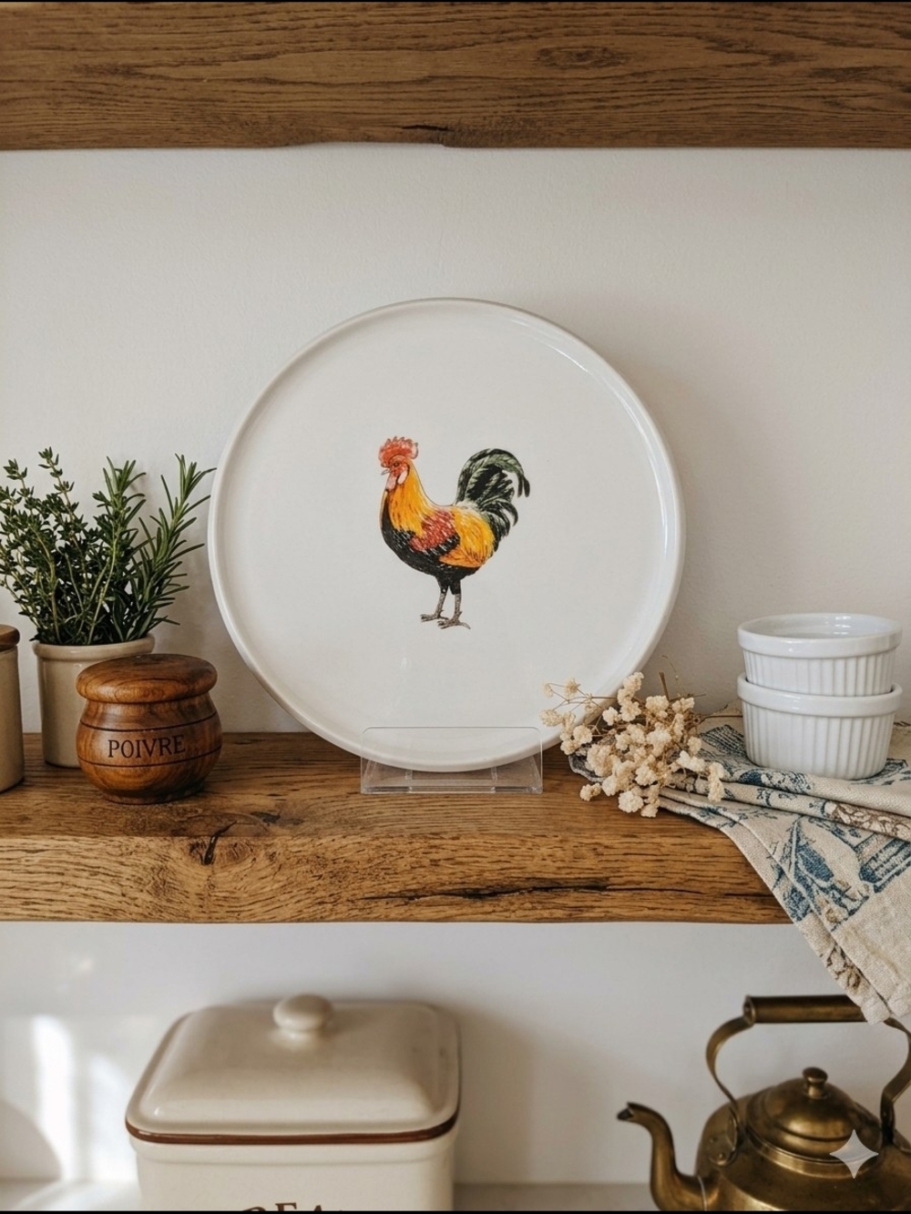 White Ceramic Rooster Decorative Plate - Country Kitchen Accent